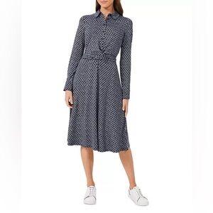 Hobbs London Aretha Rope Print Midi Navy Blue White Shirt Dress Size US 10